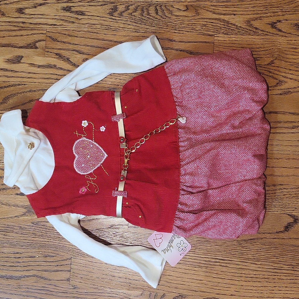 Girls dress red very cute NWT wintery 24 M  gold belt and zippered back with lin